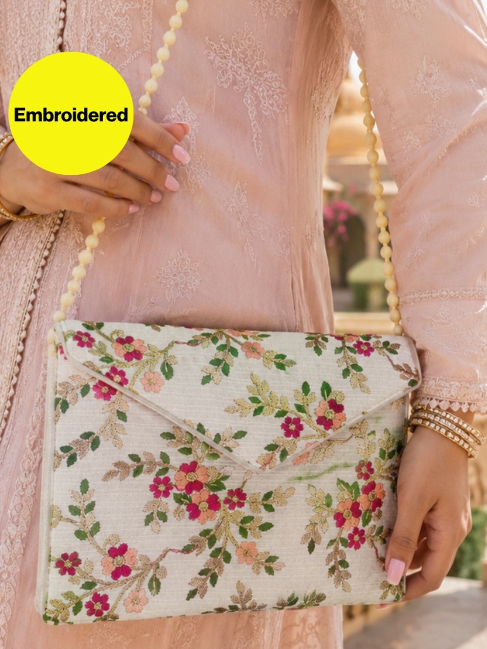 2/for $20🪩 INDIA Boutique Embroidered Floral Shoulder Clutch, Beaded Strap 6x8”